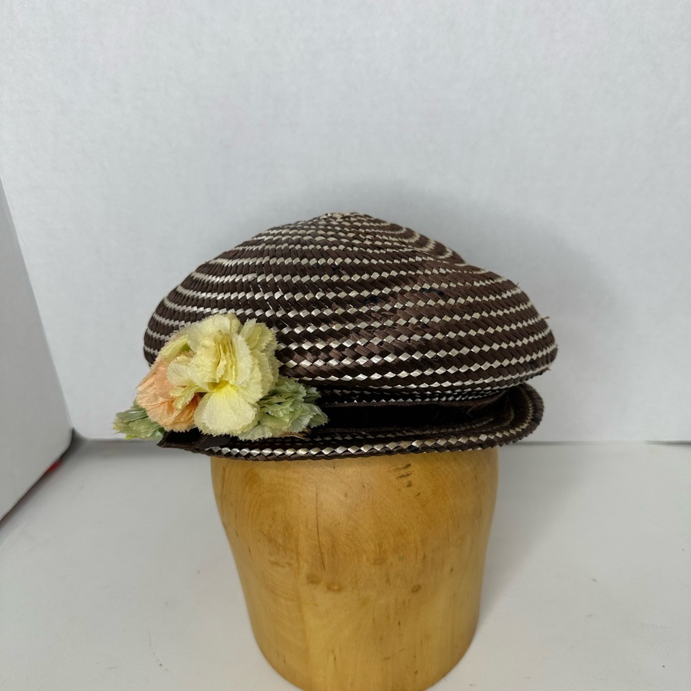 Brown and White Woven Vintage Pageboy Hat with Floral Accent